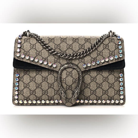 Gucci Handbags - Gucci Beige and Black Monogram Crystal Dionysus Small Shoulder Bag